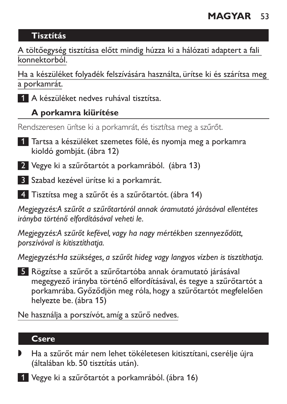 Tisztítás, A porkamra kiürítése, Csere | Philips FC6055 User Manual | Page 53 / 152