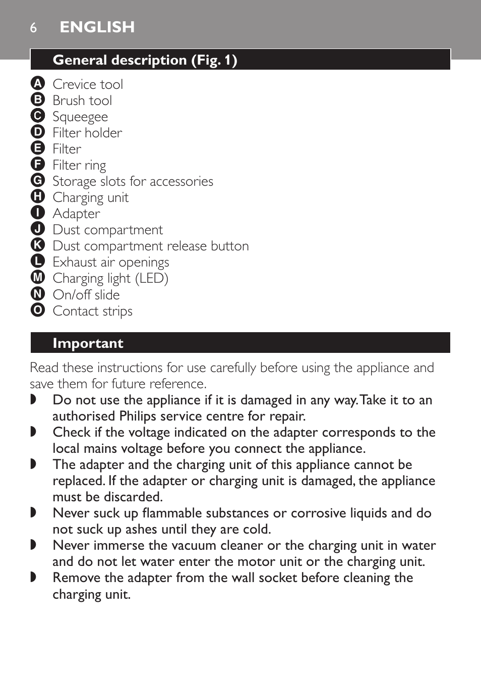 English, General description﻿ (fig. 1), Important | Philips FC6055 User Manual | Page 6 / 152