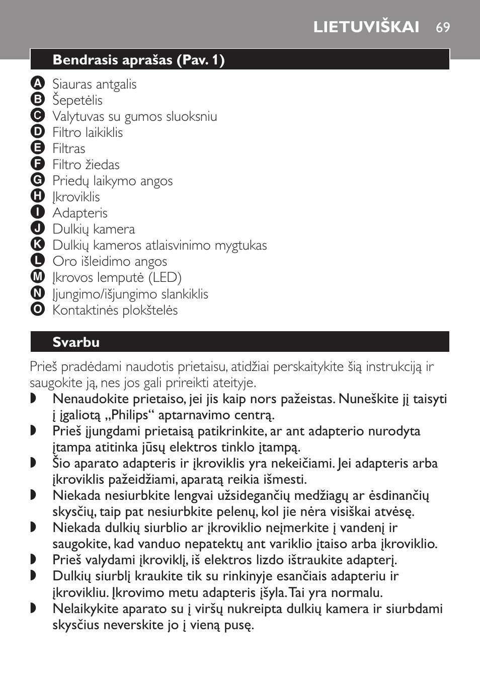 Lietuviškai, Bendrasis aprašas﻿ (pav. 1), Svarbu | Philips FC6055 User Manual | Page 69 / 152