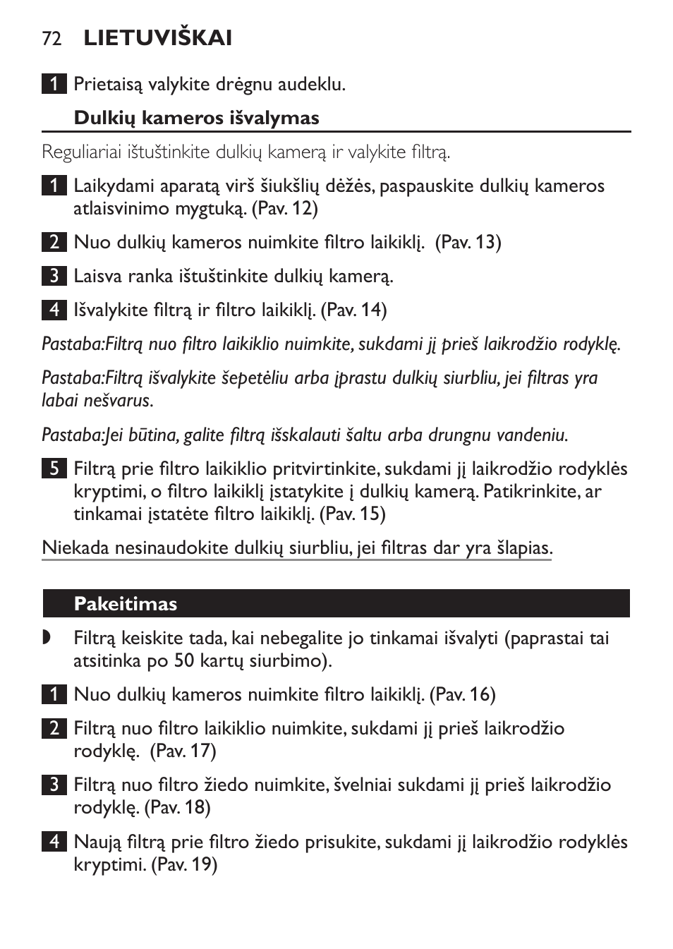 Dulkių kameros išvalymas, Pakeitimas | Philips FC6055 User Manual | Page 72 / 152