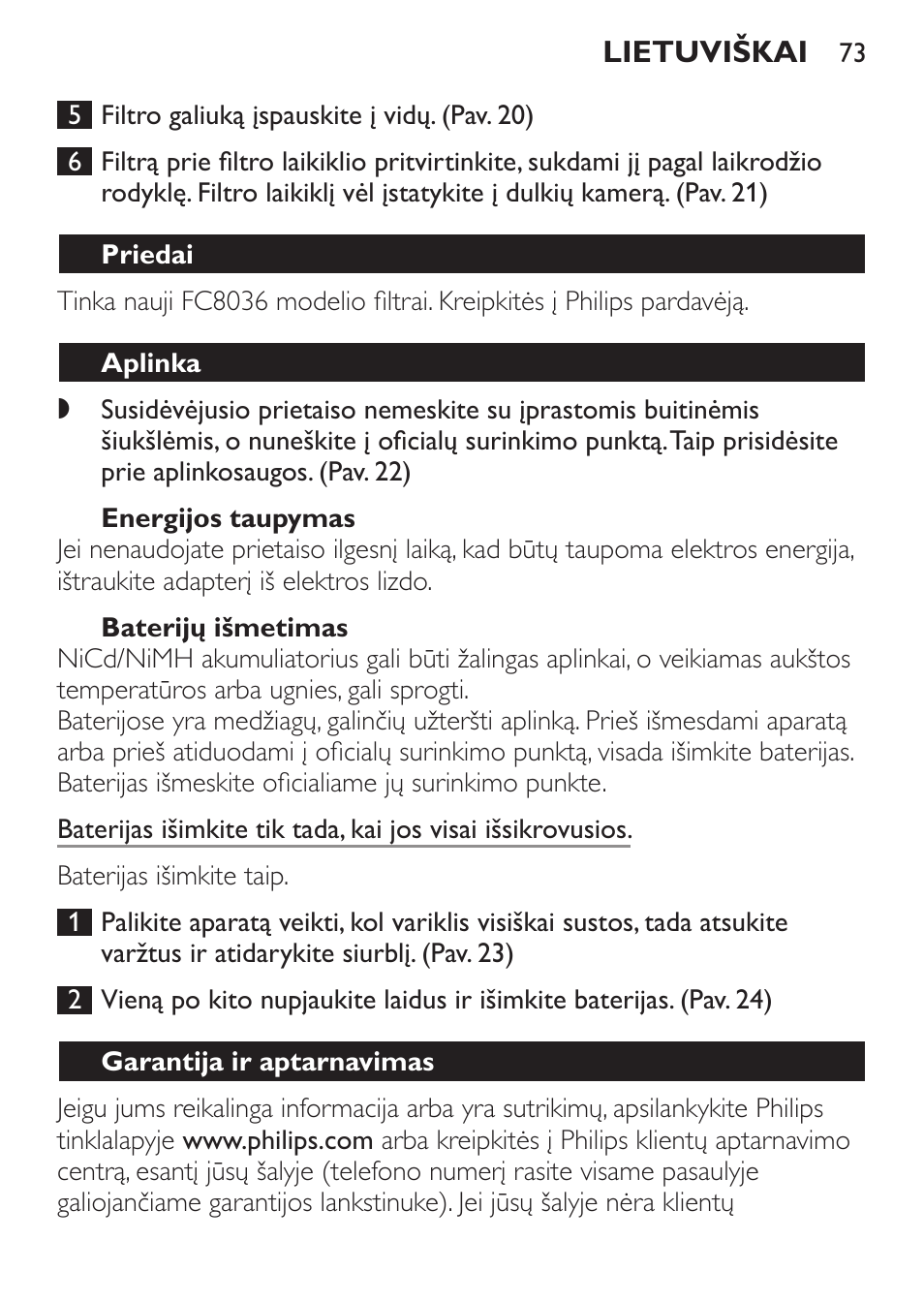 Energijos taupymas, Baterijų išmetimas, Priedai | Aplinka, Garantija ir aptarnavimas | Philips FC6055 User Manual | Page 73 / 152