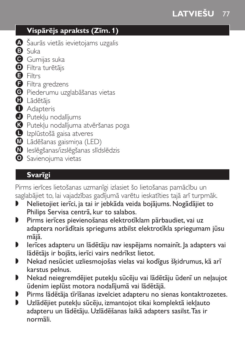 Latviešu, Vispārējs apraksts﻿ (zīm. 1), Svarīgi | Philips FC6055 User Manual | Page 77 / 152