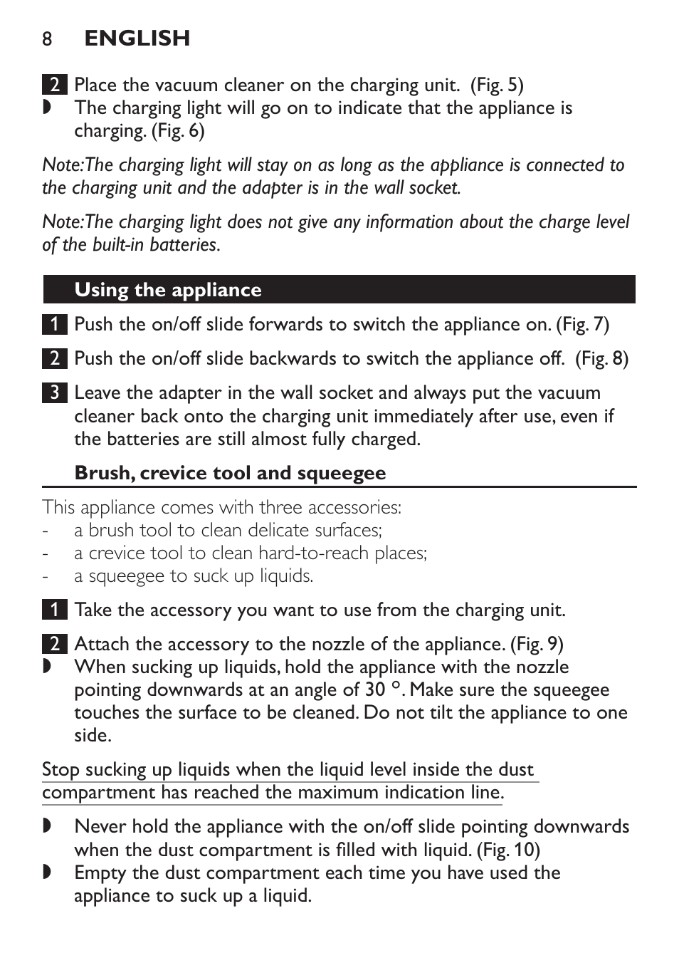 Using the appliance, Brush, crevice tool and squeegee | Philips FC6055 User Manual | Page 8 / 152