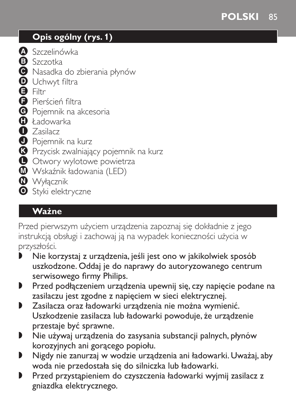 Polski, Opis ogólny﻿ (rys. 1), Ważne | Philips FC6055 User Manual | Page 85 / 152