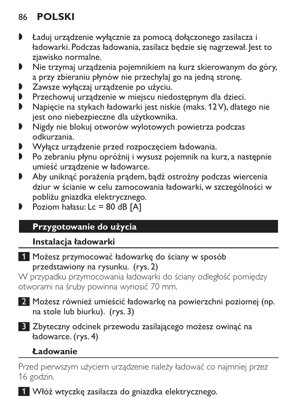 Przygotowanie do użycia, Instalacja ładowarki, Ładowanie | Philips FC6055 User Manual | Page 86 / 152