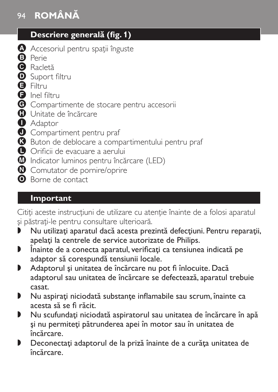 Română, Descriere generală﻿ (fig. 1), Important | Philips FC6055 User Manual | Page 94 / 152