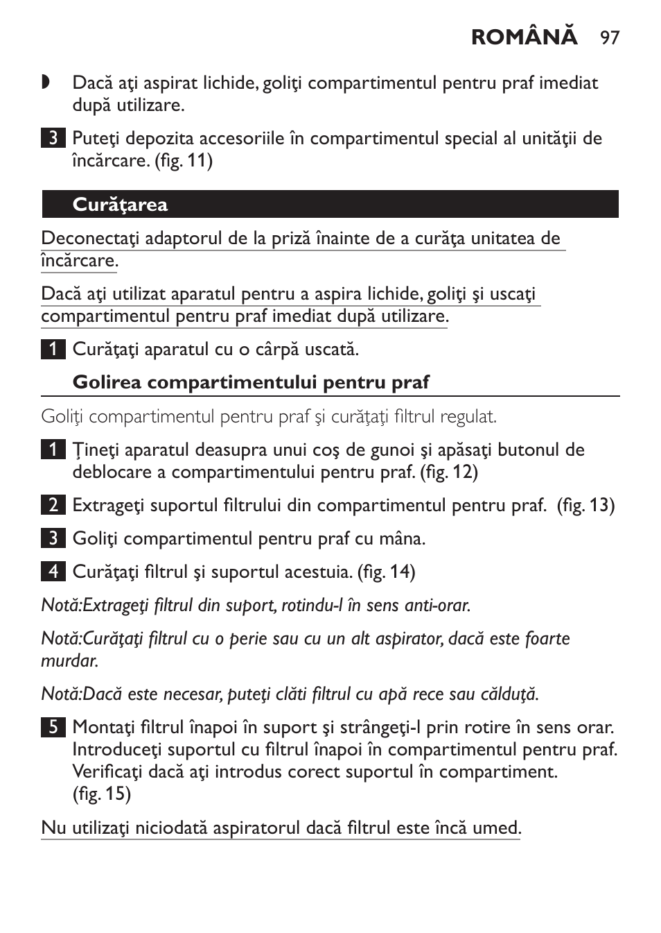 Curăţarea, Golirea compartimentului pentru praf | Philips FC6055 User Manual | Page 97 / 152