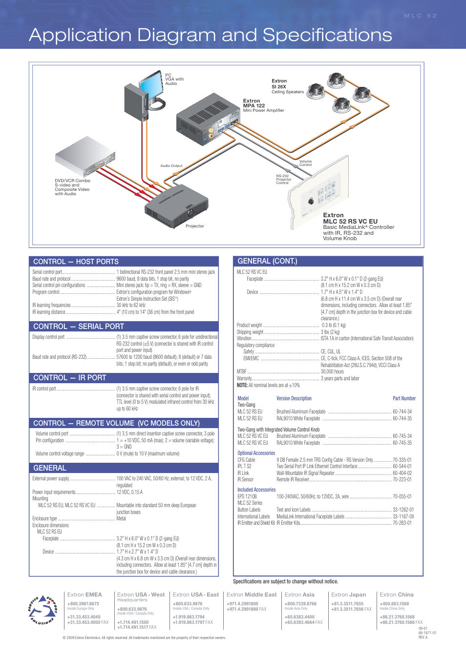 Application diagram and speciﬁ cations, Specifications, Control — serial port | Control — ir port, General, General (cont.), Control — host ports, Control — remote volume (vc models only), 10v vol /mut e | Extron electronic MediaLink Controllers MLC 52 RS EU User Manual | Page 4 / 4