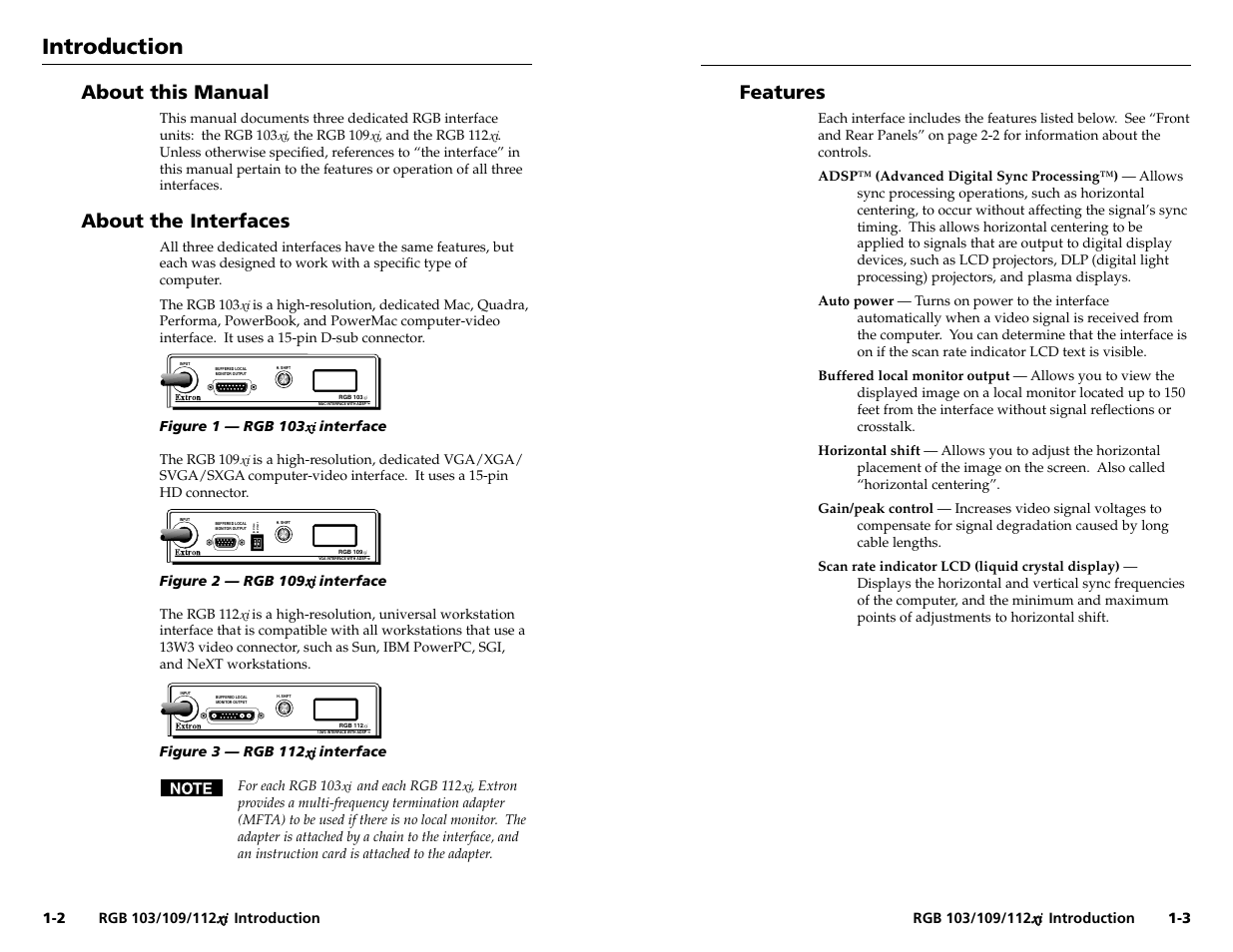 Introduction, Introduction, cont’d features, About this manual | About the interfaces | Extron Electronics RGB 103xi User Manual | Page 5 / 17