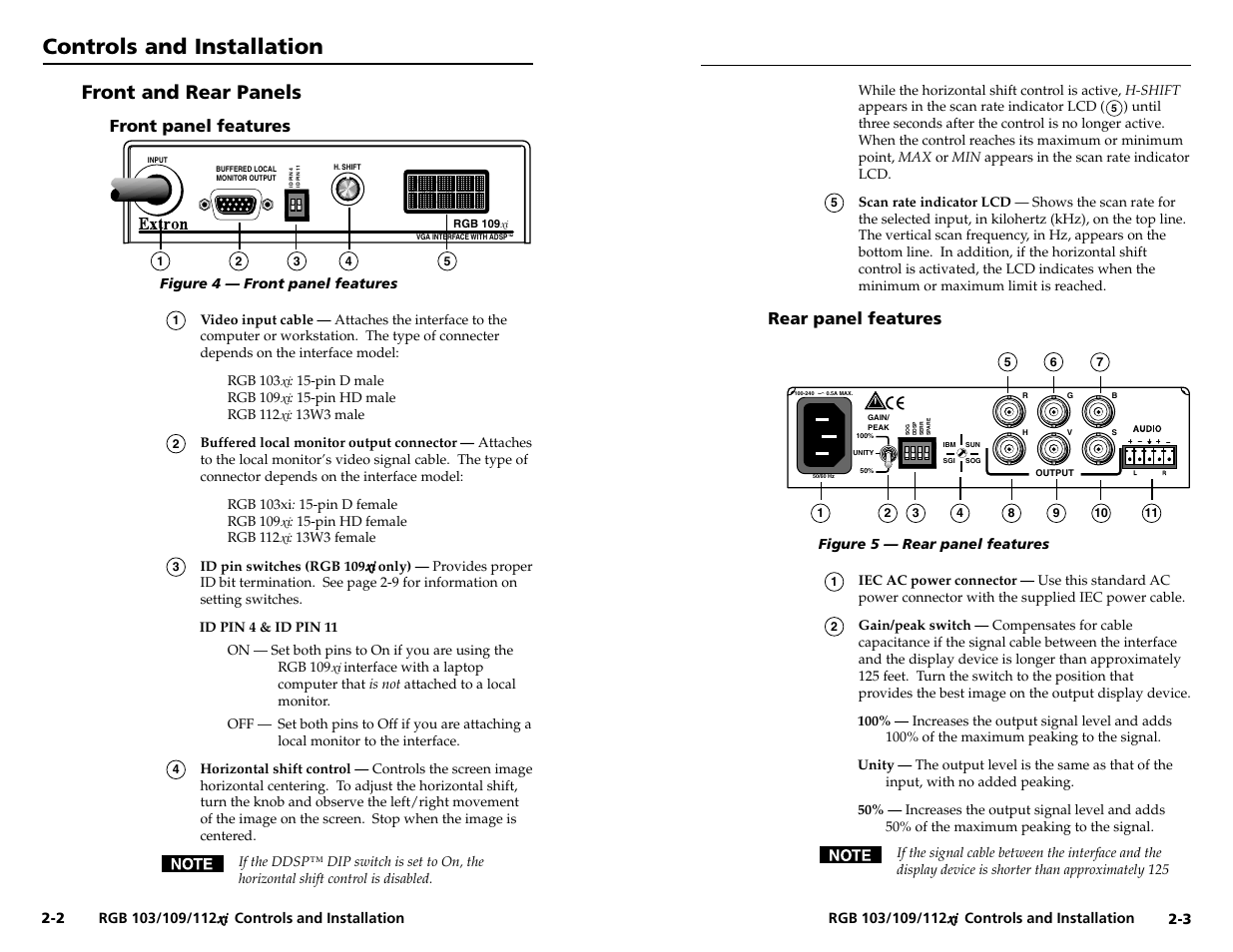Controls and installation, Controls and installation, cont’d, Front and rear panels | Rear panel features, Front panel features | Extron Electronics RGB 103xi User Manual | Page 7 / 17