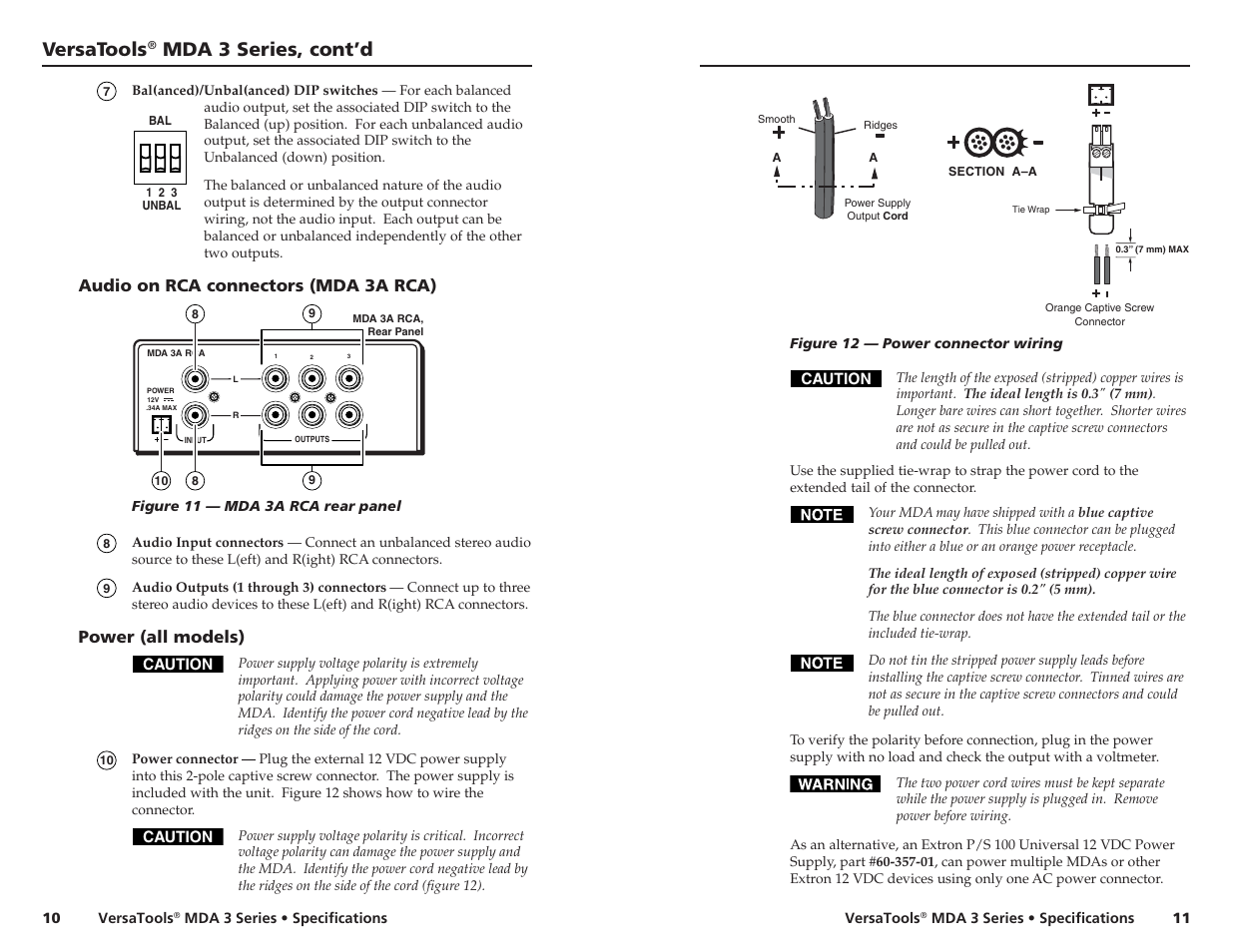 Versatools, Mda 3 series, cont’d, Audio on rca connectors (mda 3a rca) | Power (all models) | Extron electronic MDA 3 Series User Manual | Page 10 / 13