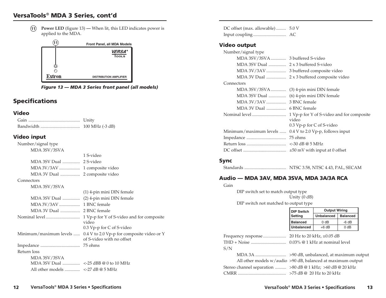 Versatools, Mda 3 series, cont’d, Specifications | Extron electronic MDA 3 Series User Manual | Page 11 / 13