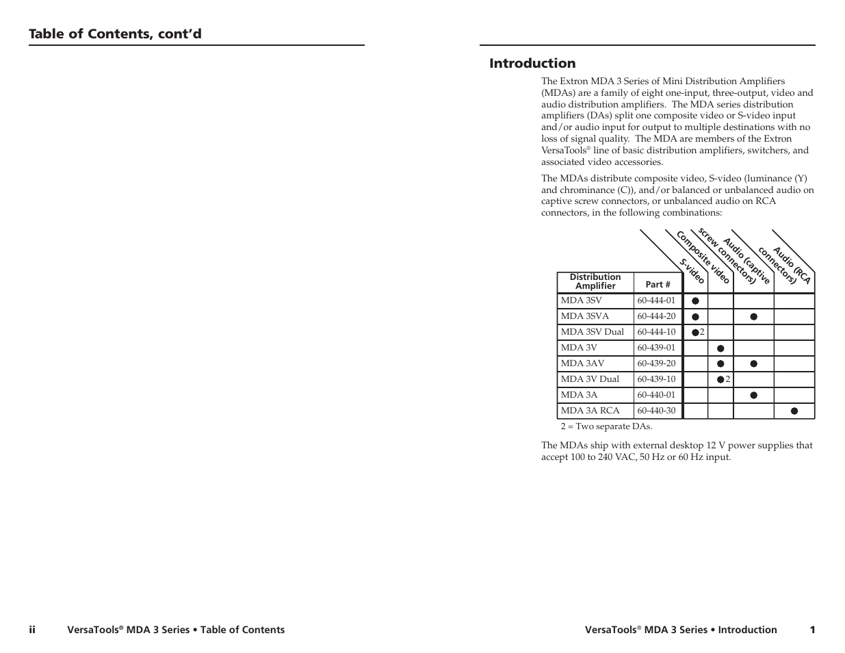 Table of contents, cont’d, Introduction | Extron electronic MDA 3 Series User Manual | Page 5 / 13