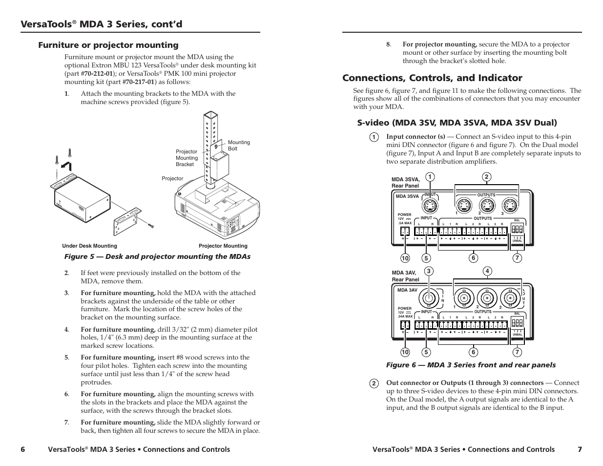 Versatools, Mda 3 series, cont’d, Connections, controls, and indicator | Dis tr ibu tio n a mp lif ier, S-video (mda 3sv, mda 3sva, mda 3sv dual), Furniture or projector mounting | Extron electronic MDA 3 Series User Manual | Page 8 / 13