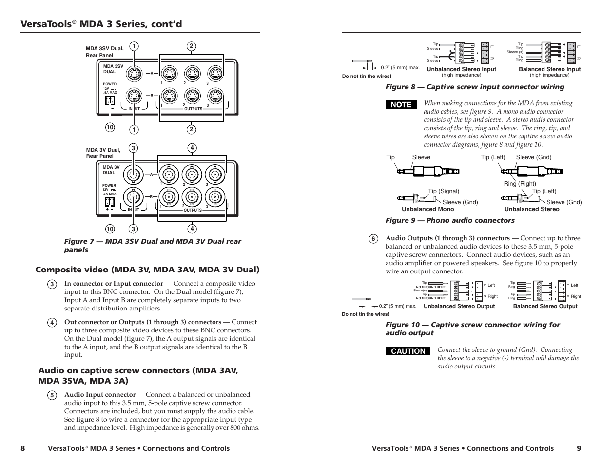 Versatools, Mda 3 series, cont’d, Composite video (mda 3v, mda 3av, mda 3v dual) | Caution | Extron electronic MDA 3 Series User Manual | Page 9 / 13