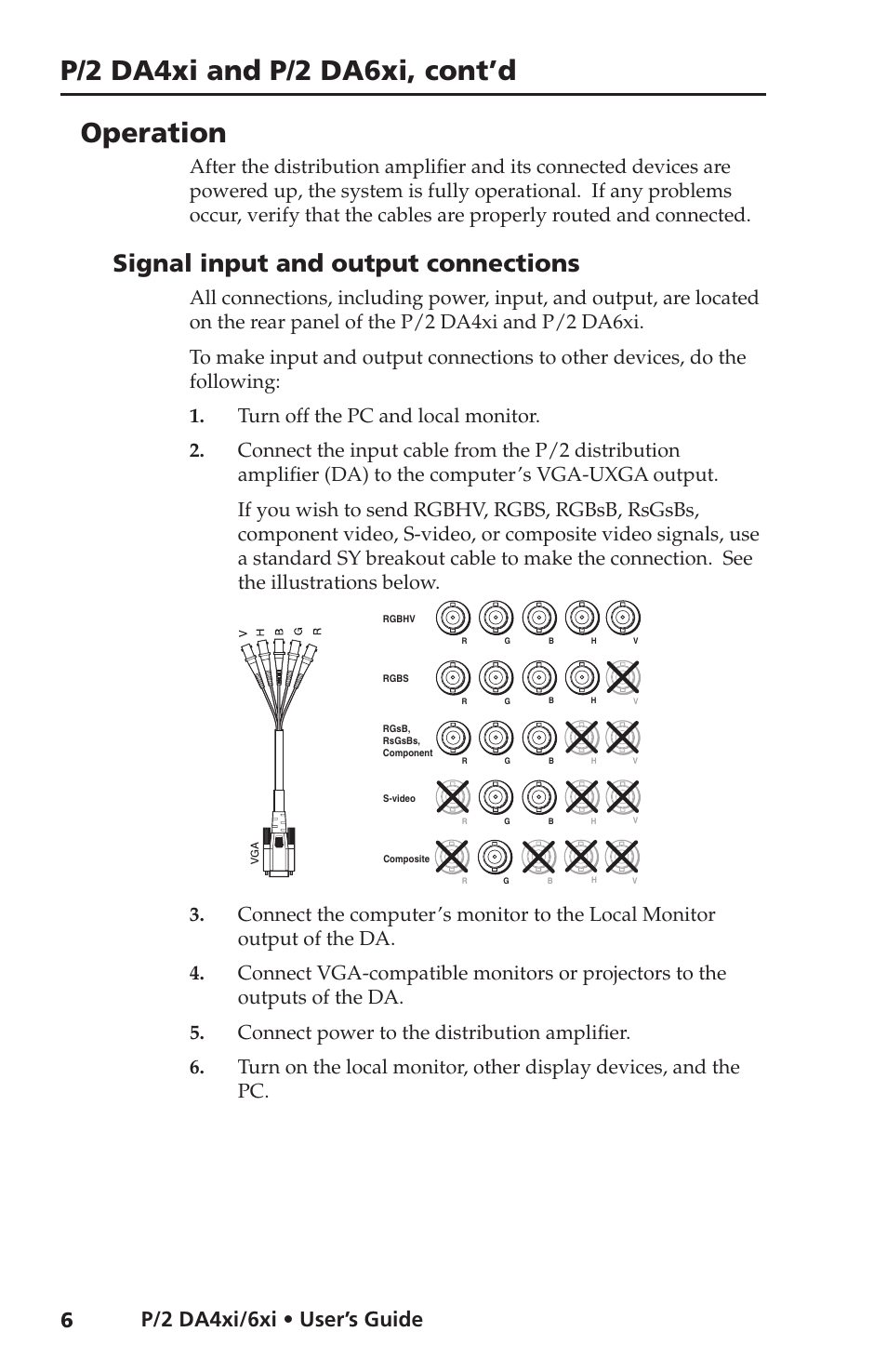 Operation, Signal input and output connections, P/2 da4xi and p/2 da6xi, cont’d | P/2 da4xi/6xi • user’s guide, P/2 da4xi/6xi • user’s guide 6 | Extron electronic VGA Distribution Amplifiers P/2 DA6xi s User Manual | Page 10 / 20