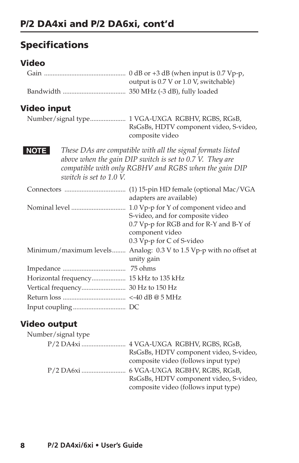 Specifications, P/2 da4xi and p/2 da6xi, cont’d specifications | Extron electronic VGA Distribution Amplifiers P/2 DA6xi s User Manual | Page 12 / 20