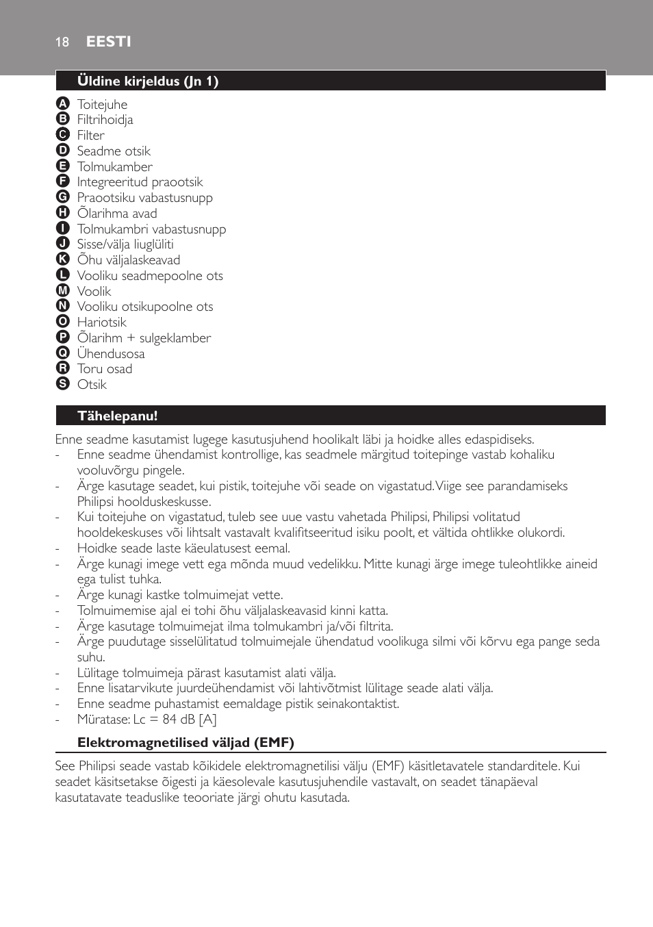 Eesti, Üldine kirjeldus (jn 1), Tähelepanu | Elektromagnetilised väljad (emf), Ettevalmistus kasutamiseks | Philips FC6048 User Manual | Page 18 / 78