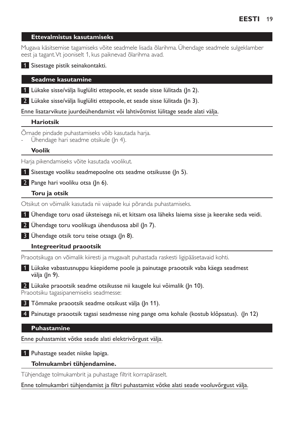 Seadme kasutamine, Hariotsik, Voolik | Toru ja otsik, Integreeritud praootsik, Puhastamine, Tolmukambri tühjendamine | Philips FC6048 User Manual | Page 19 / 78