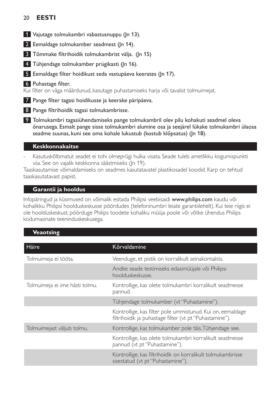 Keskkonnakaitse, Garantii ja hooldus, Veaotsing | Philips FC6048 User Manual | Page 20 / 78