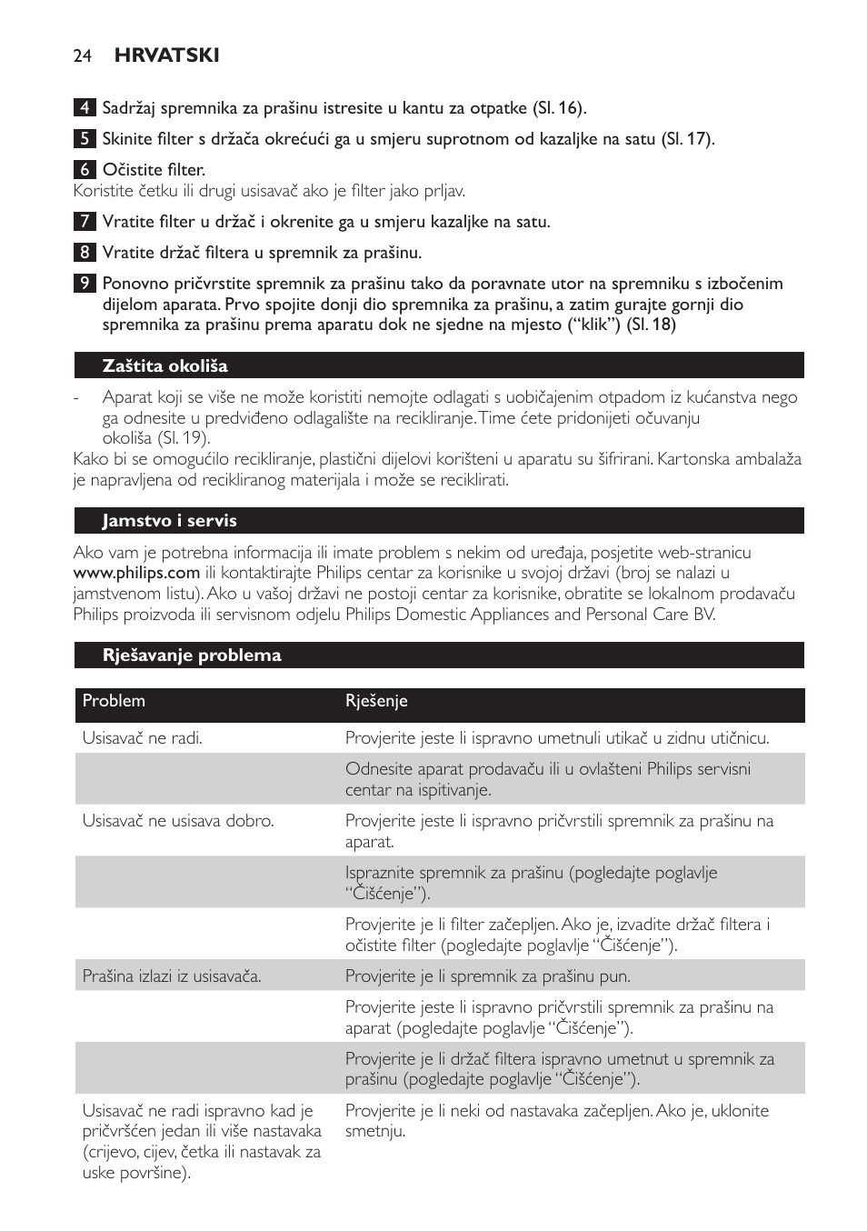 Zaštita okoliša, Jamstvo i servis, Rješavanje problema | Philips FC6048 User Manual | Page 24 / 78