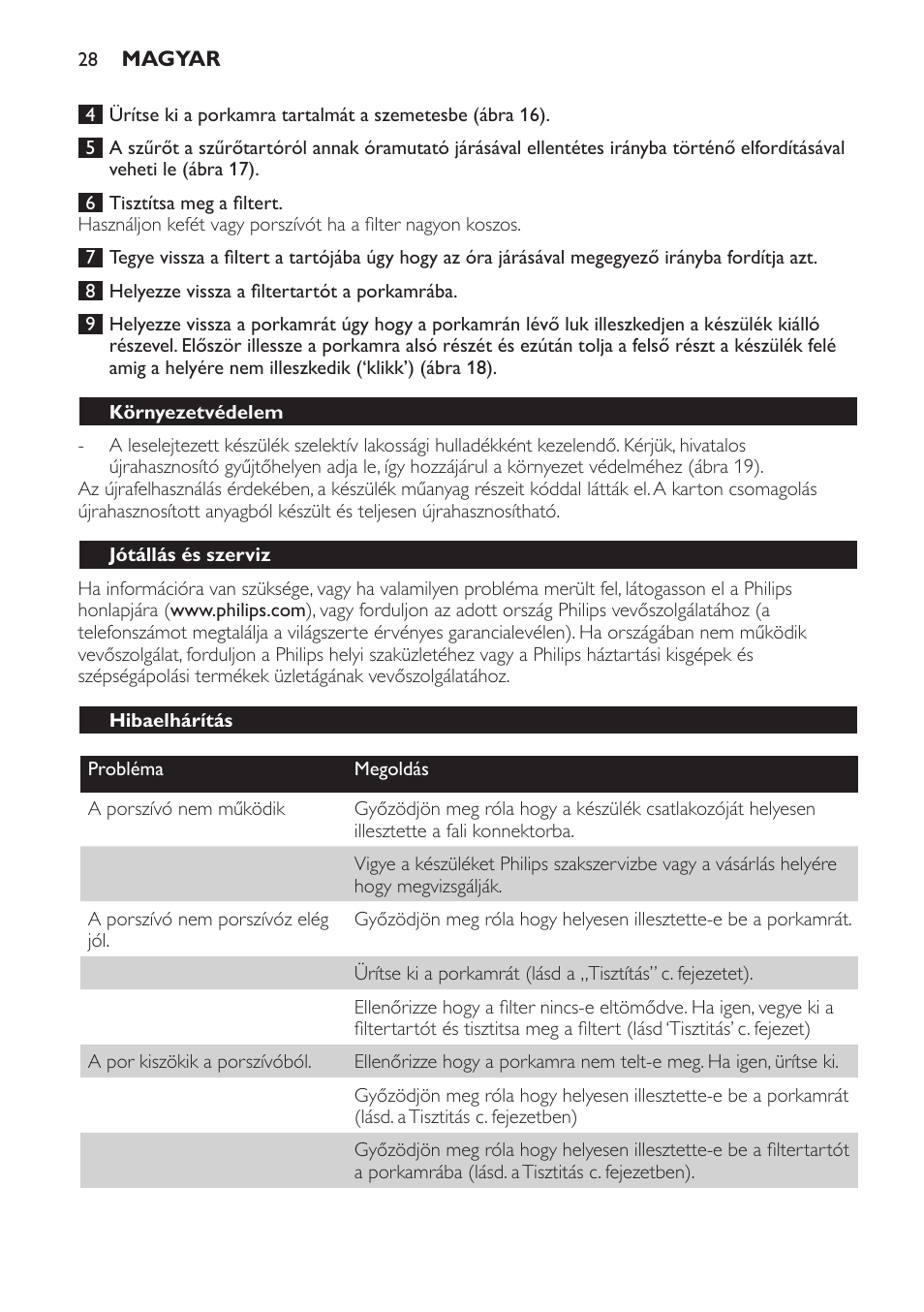 Környezetvédelem, Jótállás és szerviz, Hibaelhárítás | Philips FC6048 User Manual | Page 28 / 78
