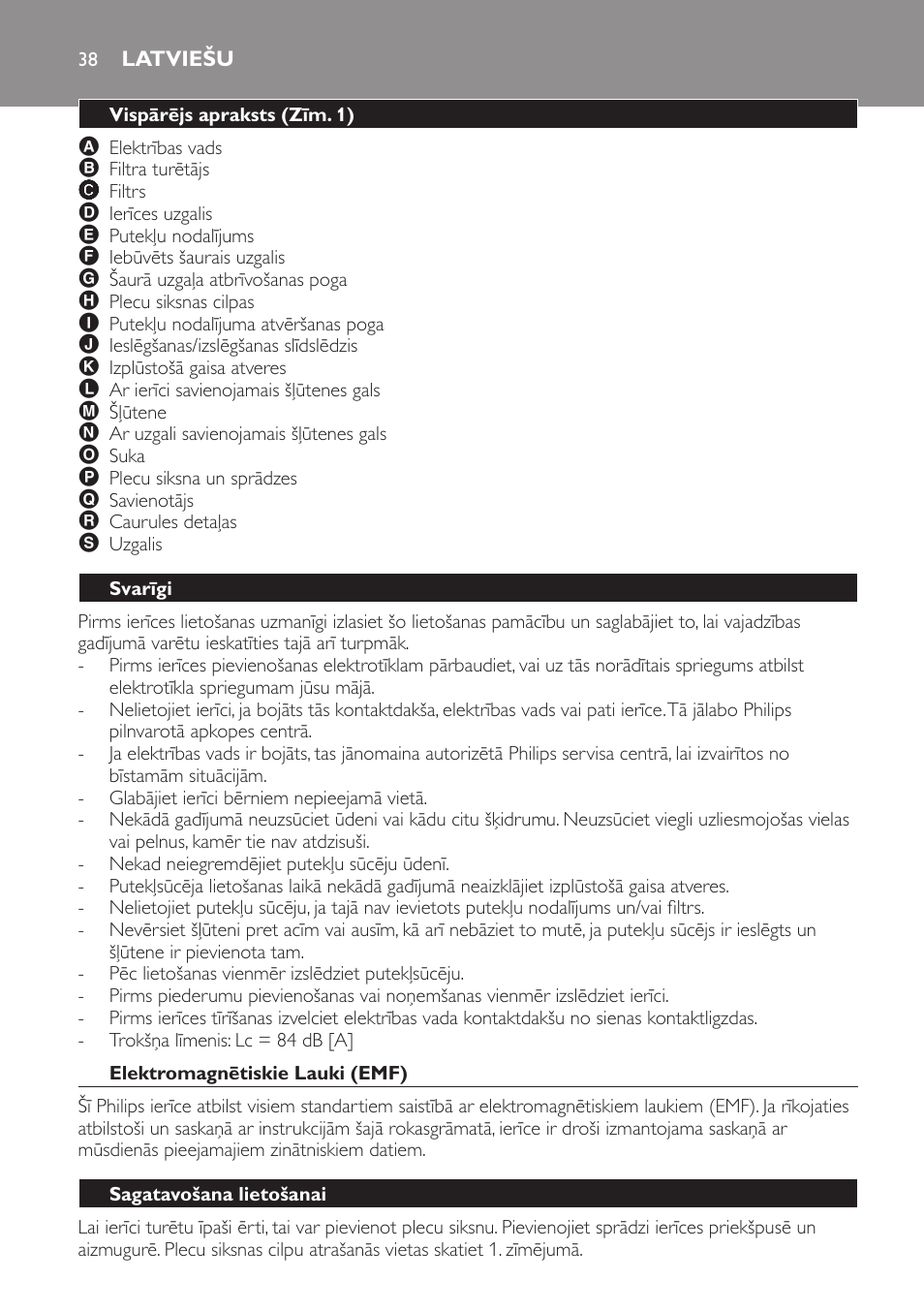 Latviešu, Vispārējs apraksts (zīm. 1), Svarīgi | Elektromagnētiskie lauki (emf), Sagatavošana lietošanai | Philips FC6048 User Manual | Page 38 / 78