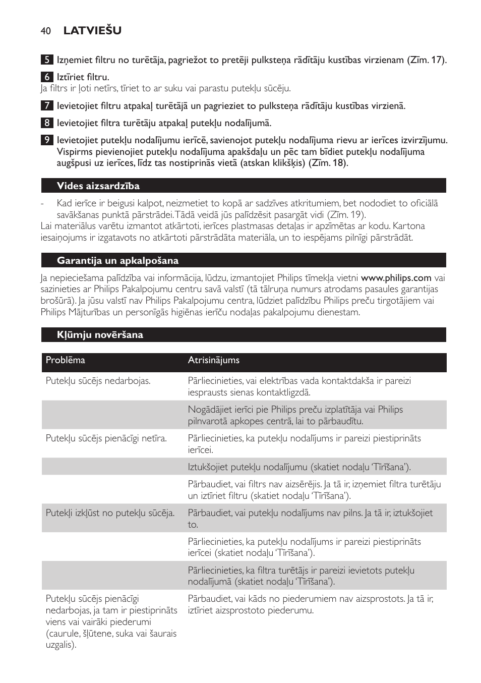 Vides aizsardzība, Garantija un apkalpošana, Kļūmju novēršana | Philips FC6048 User Manual | Page 40 / 78