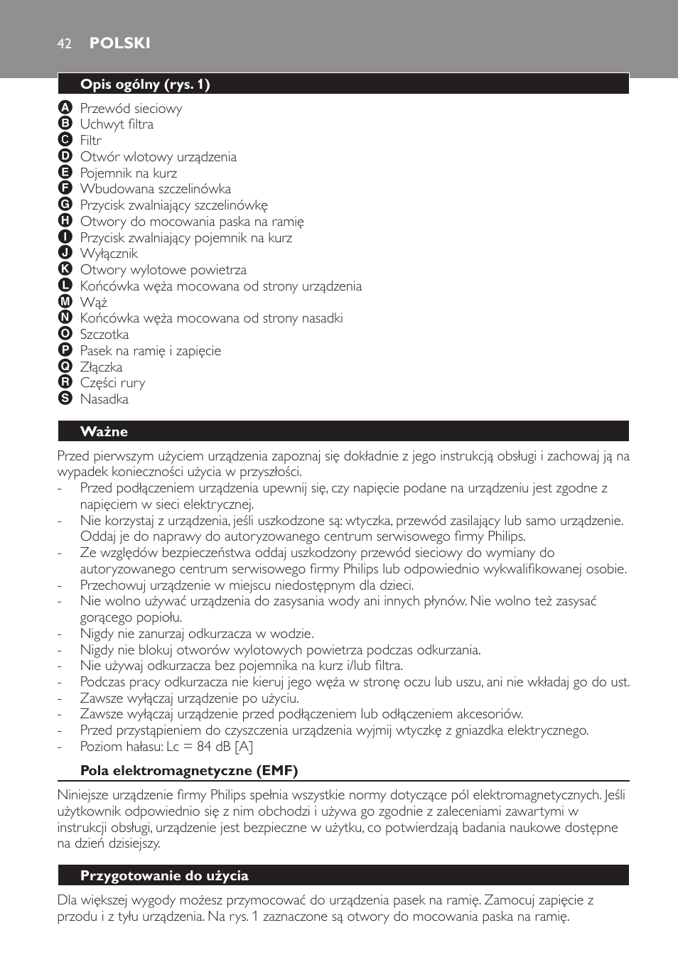 Polski, Opis ogólny (rys. 1), Ważne | Pola elektromagnetyczne (emf), Przygotowanie do użycia | Philips FC6048 User Manual | Page 42 / 78