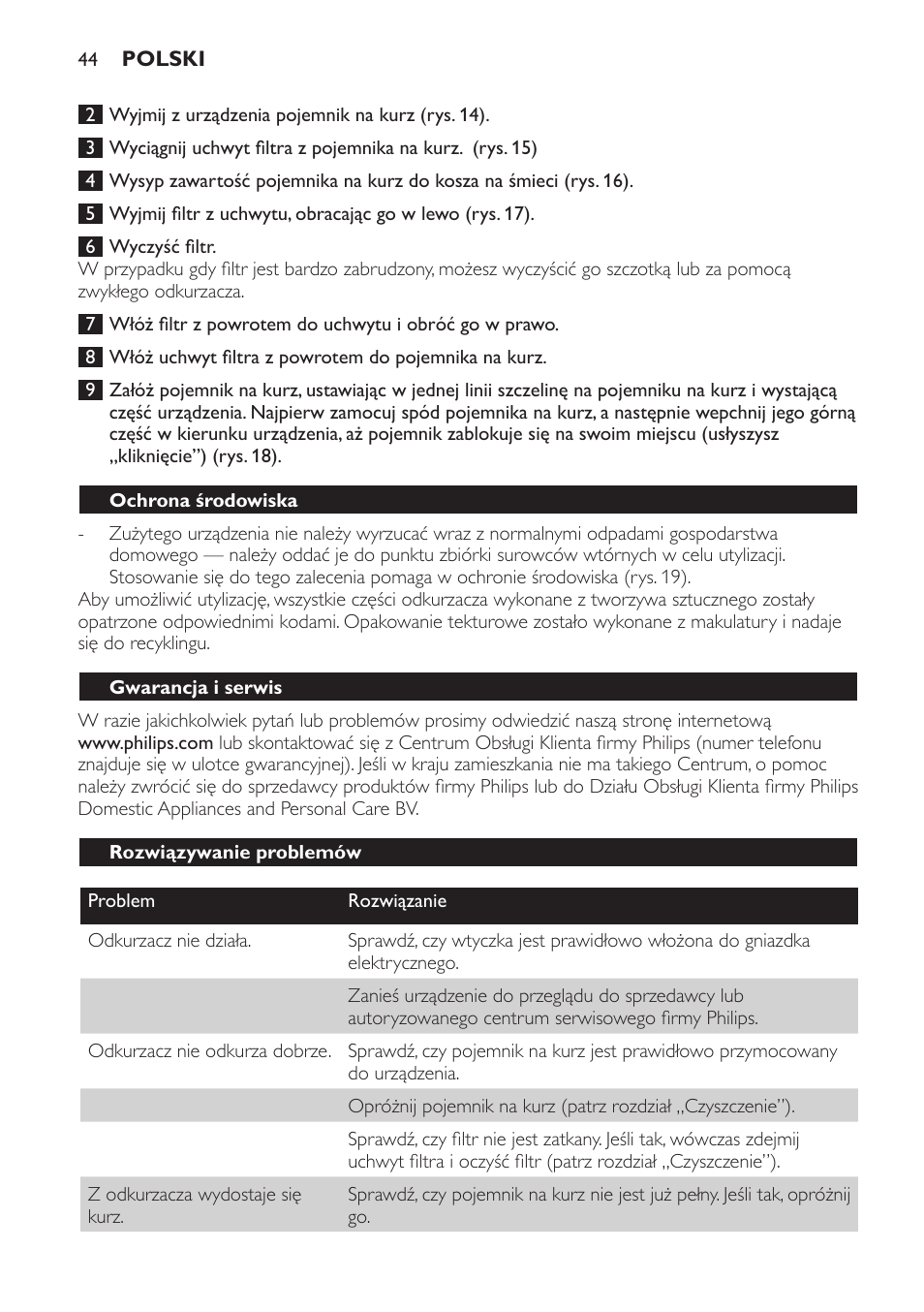 Ochrona środowiska, Gwarancja i serwis, Rozwiązywanie problemów | Philips FC6048 User Manual | Page 44 / 78