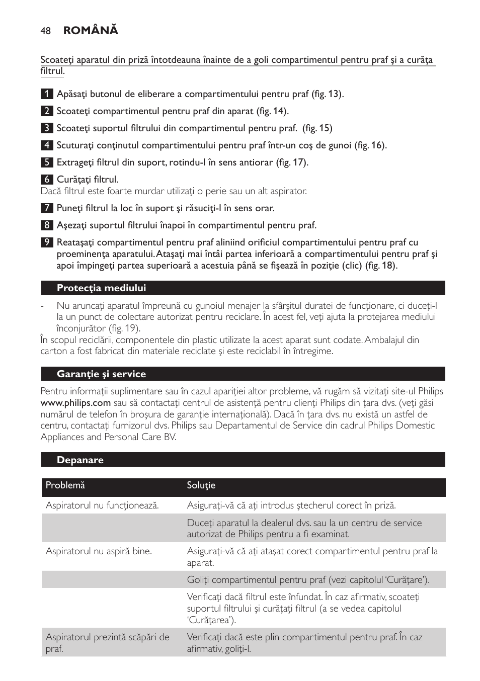 Protecţia mediului, Garanţie şi service, Depanare | Philips FC6048 User Manual | Page 48 / 78