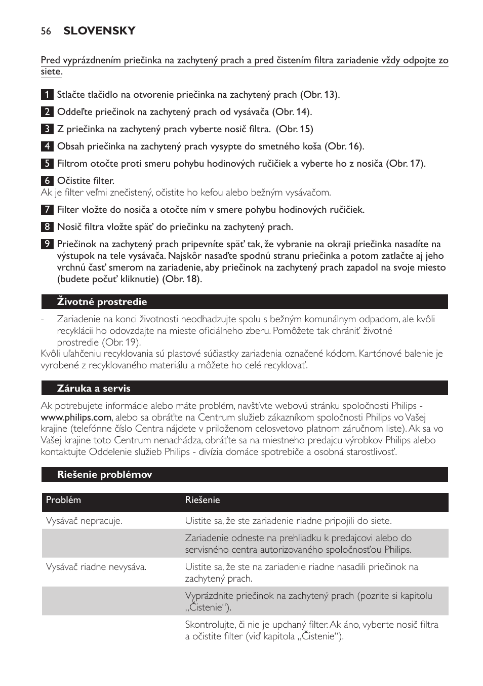 Životné prostredie, Záruka a servis, Riešenie problémov | Philips FC6048 User Manual | Page 56 / 78