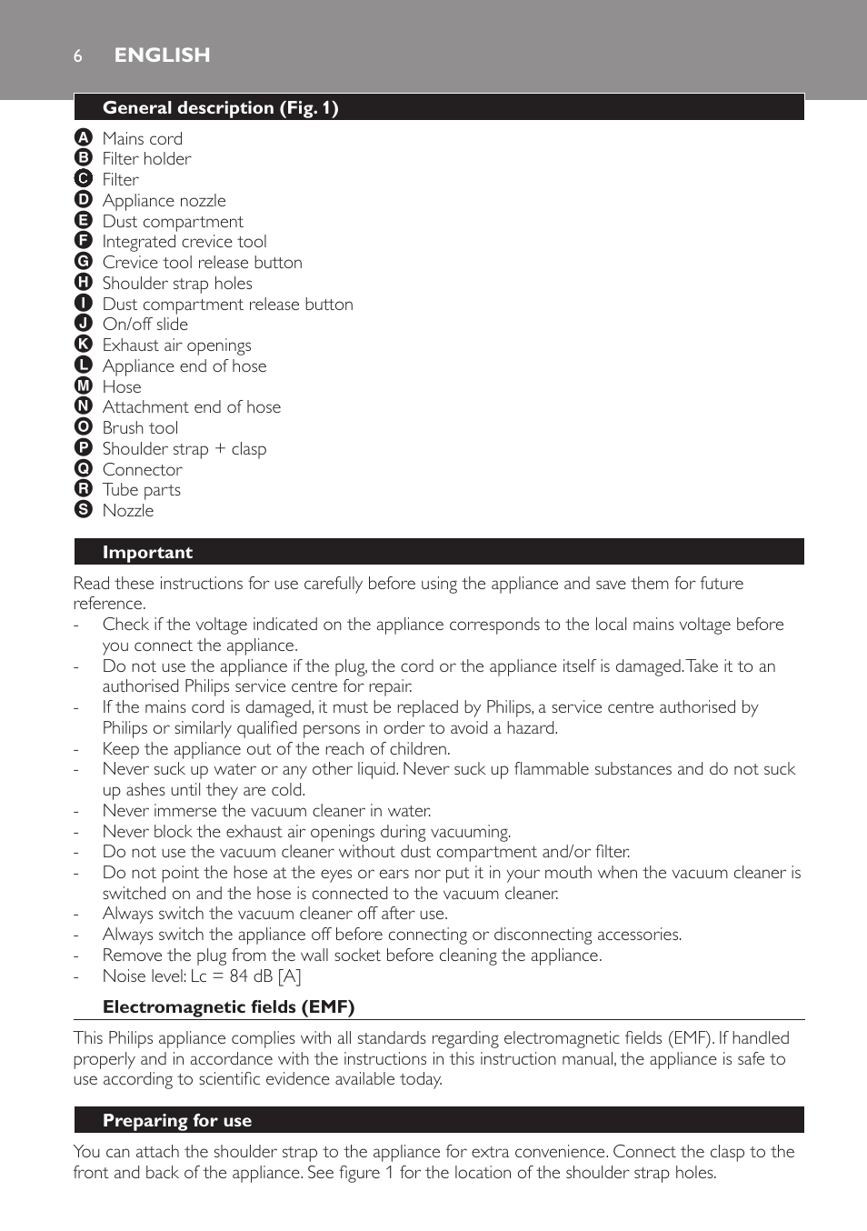 English, General description (fig. 1), Important | Electromagnetic fields (emf), Preparing for use | Philips FC6048 User Manual | Page 6 / 78