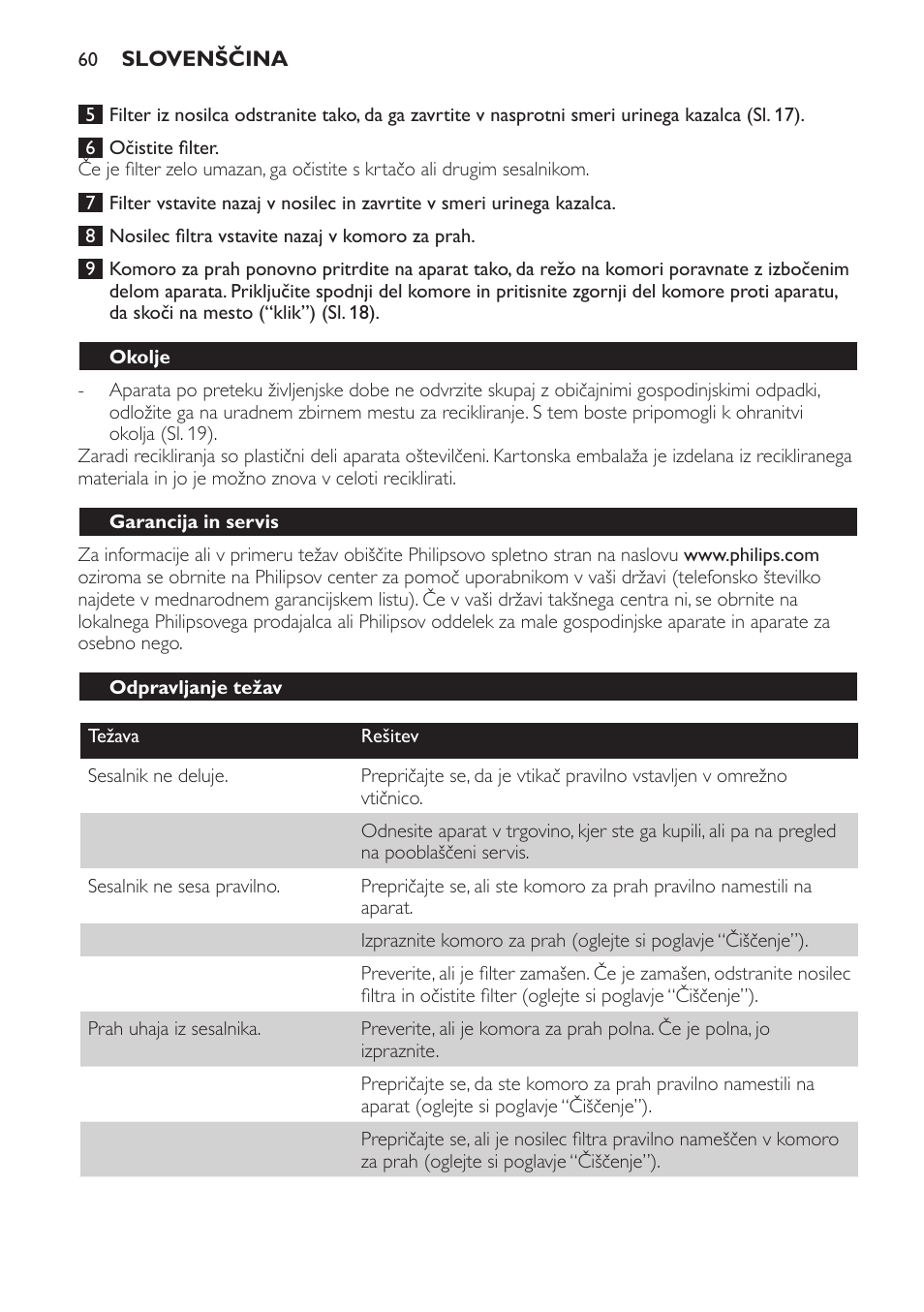 Okolje, Garancija in servis, Odpravljanje težav | Philips FC6048 User Manual | Page 60 / 78
