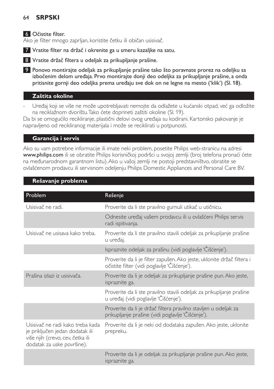 Zaštita okoline, Garancija i servis, Rešavanje problema | Philips FC6048 User Manual | Page 64 / 78