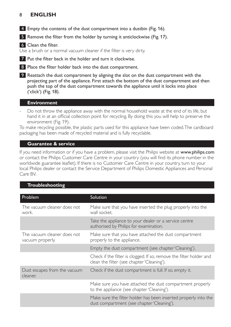 Environment, Guarantee & service, Troubleshooting | Philips FC6048 User Manual | Page 8 / 78