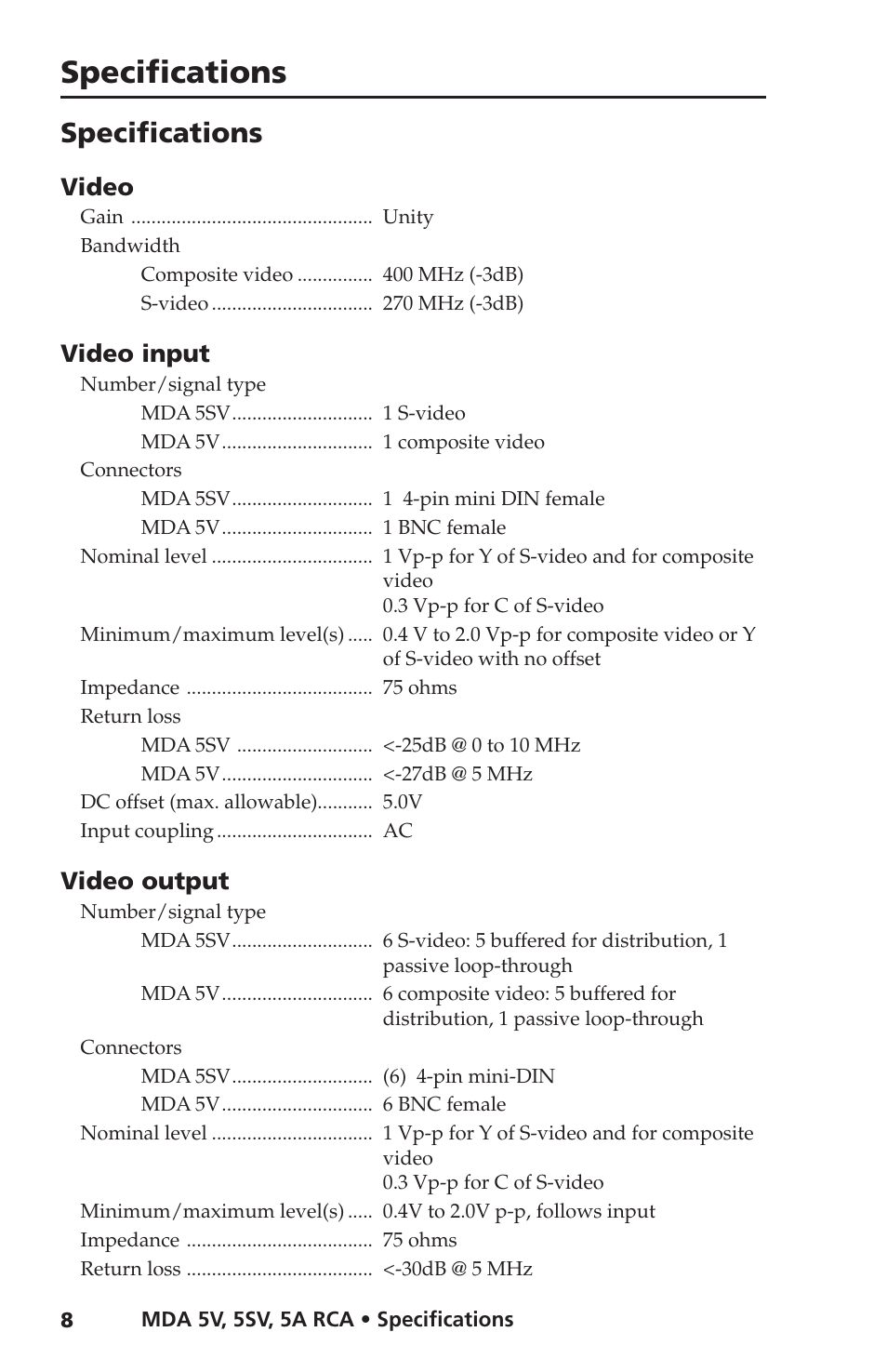 Specifications, Video, Video input | Video output | Extron Electronics MDA 5V User Manual | Page 10 / 16