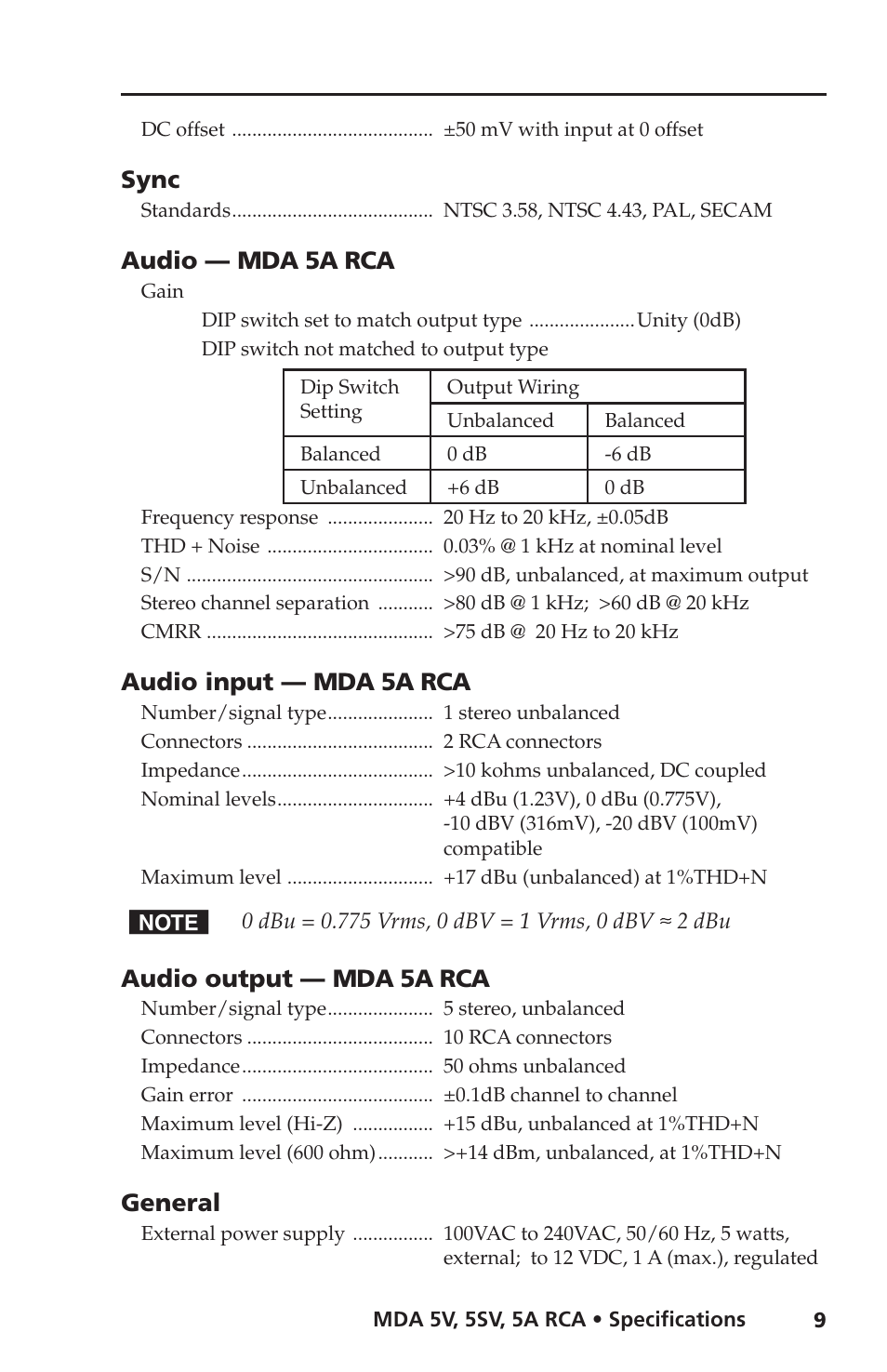 Sync, Audio — mda 5a rca, Audio input — mda 5a rca | Audio output — mda 5a rca, General | Extron Electronics MDA 5V User Manual | Page 11 / 16