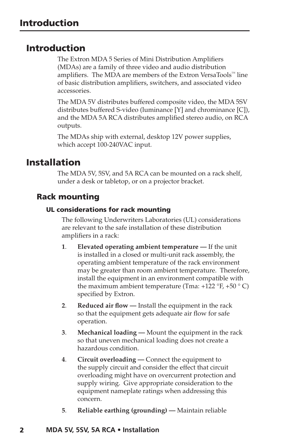 Introduction, Installation, Rack mounting | Ul considerations for rack mounting | Extron Electronics MDA 5V User Manual | Page 4 / 16
