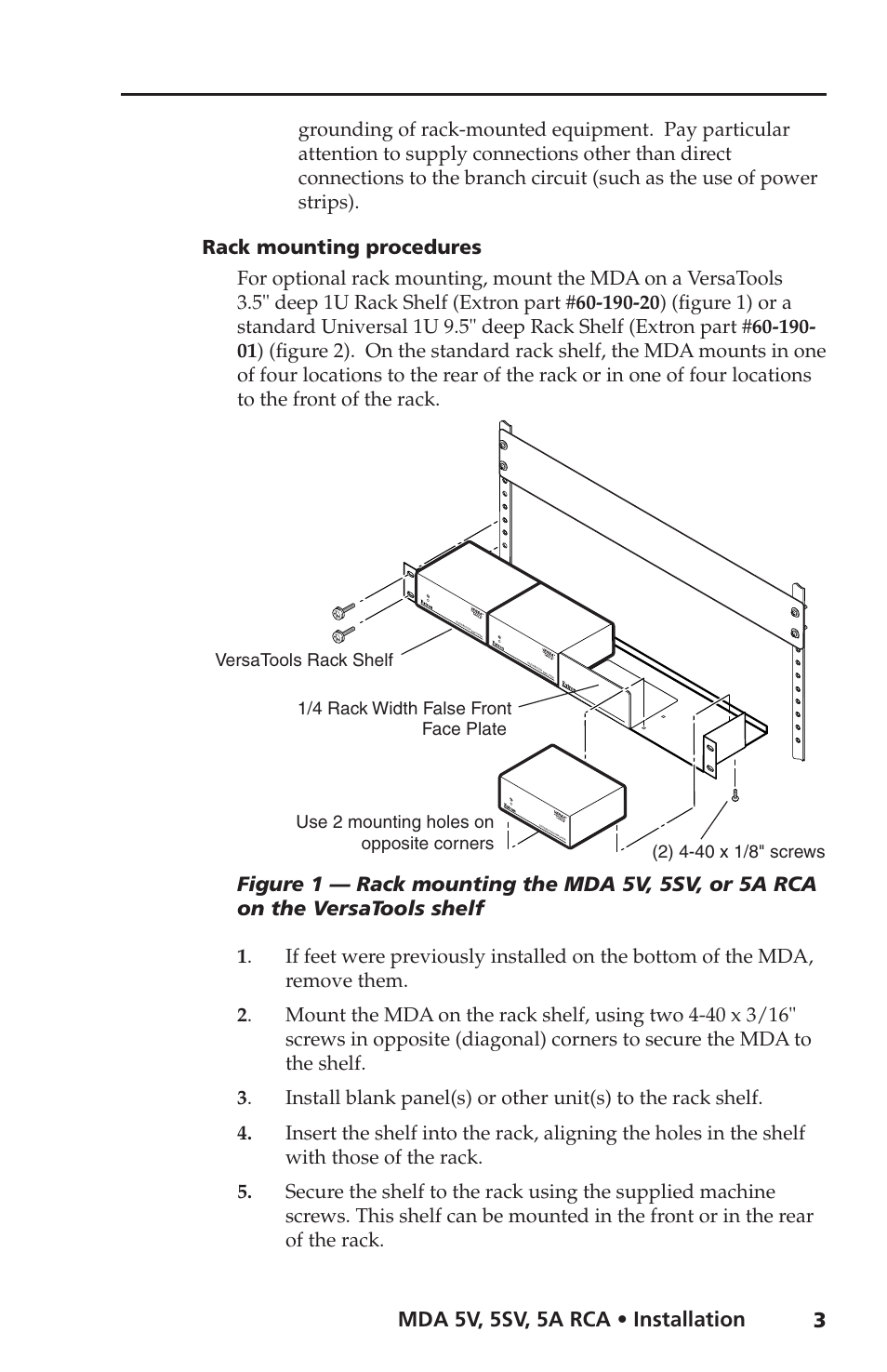 Rack mounting procedures, Mda 5v, 5sv, 5a rca • installation | Extron Electronics MDA 5V User Manual | Page 5 / 16