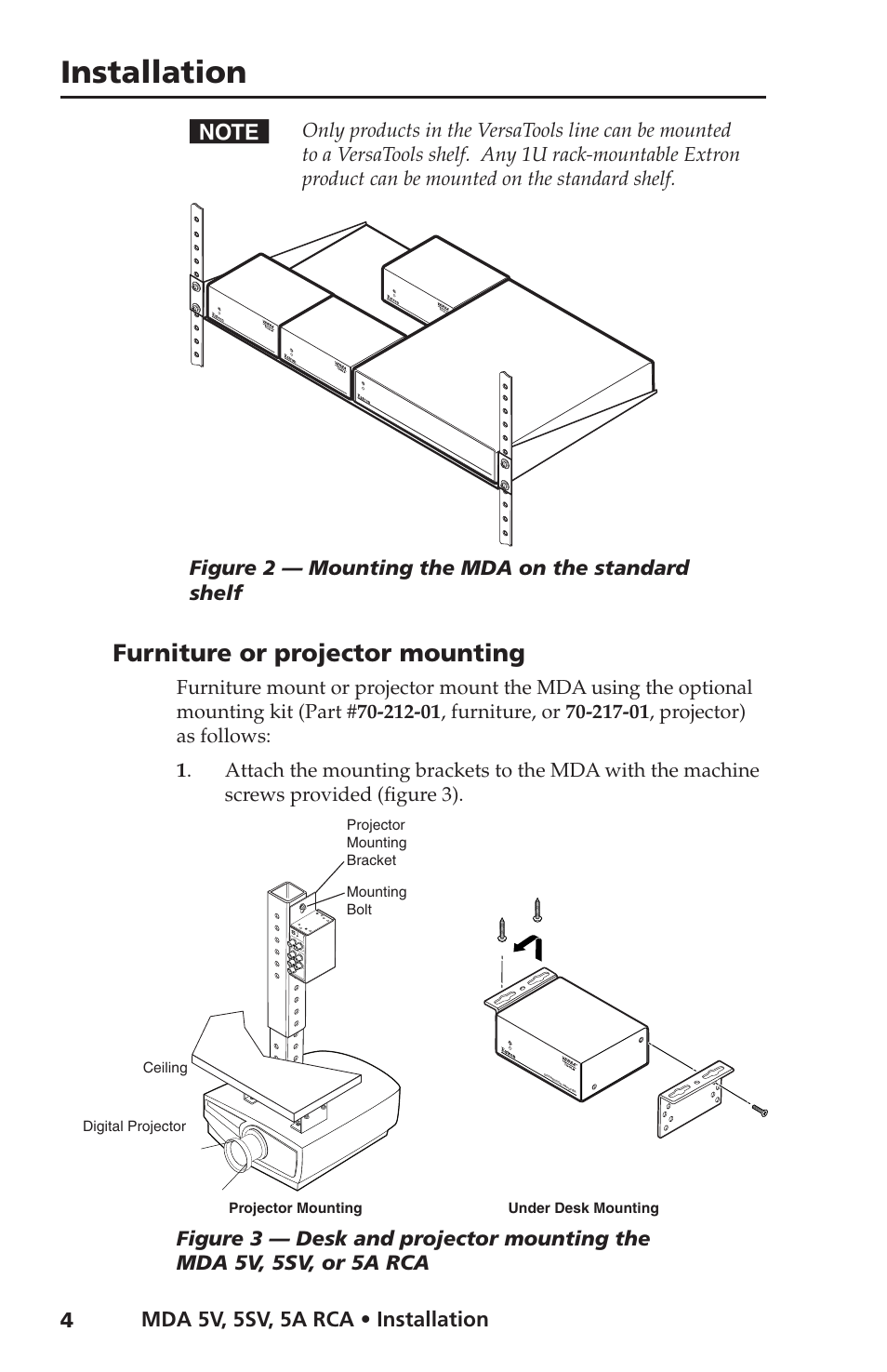 Furniture or projector mounting, Installation, Mda 5v, 5sv, 5a rca • installation | Figure 2 — mounting the mda on the standard shelf | Extron Electronics MDA 5V User Manual | Page 6 / 16