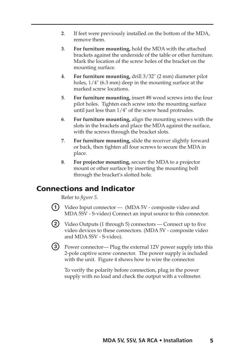Connections and indicator | Extron Electronics MDA 5V User Manual | Page 7 / 16