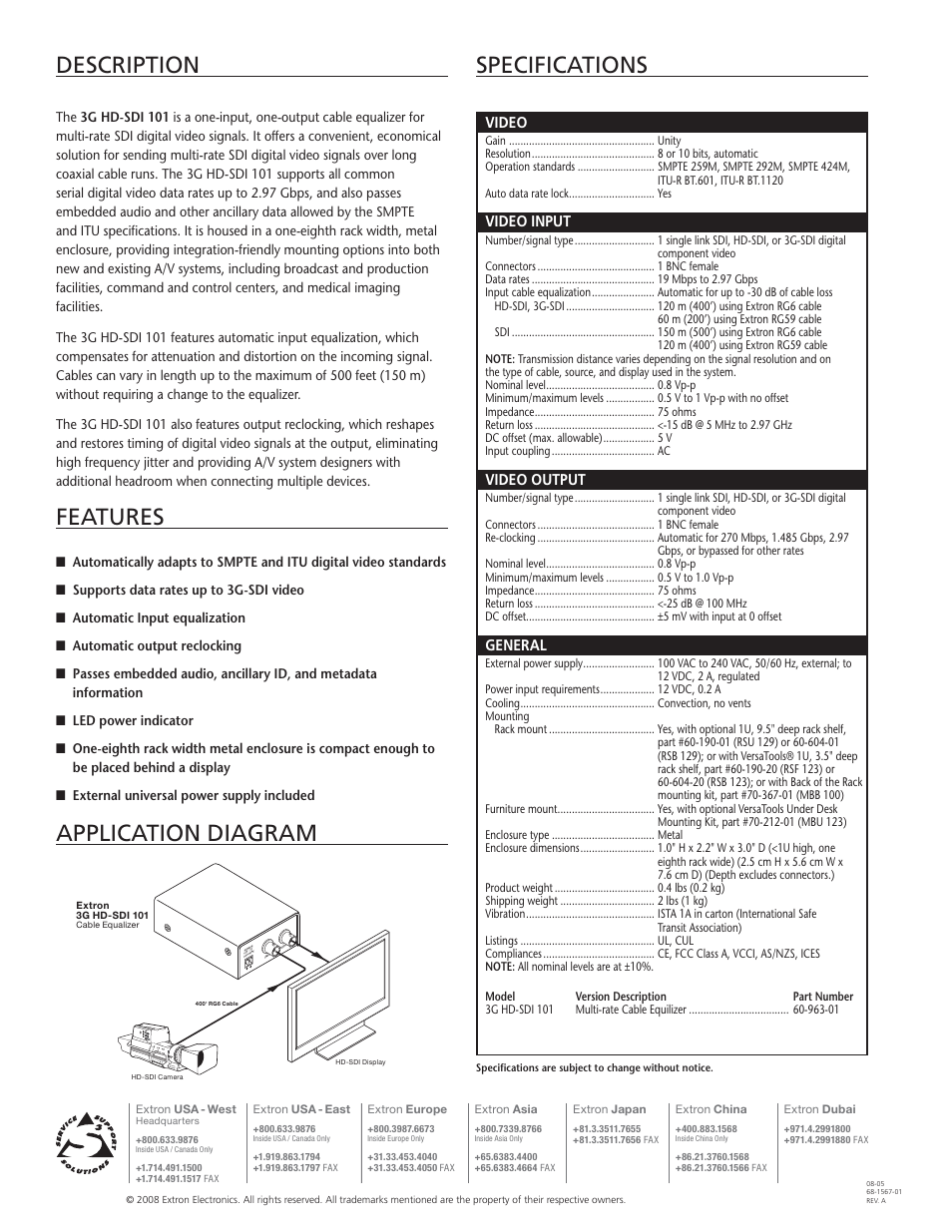 Description specifications application diagram, Features | Extron electronic 3G HD-SDI 101 User Manual | Page 2 / 2