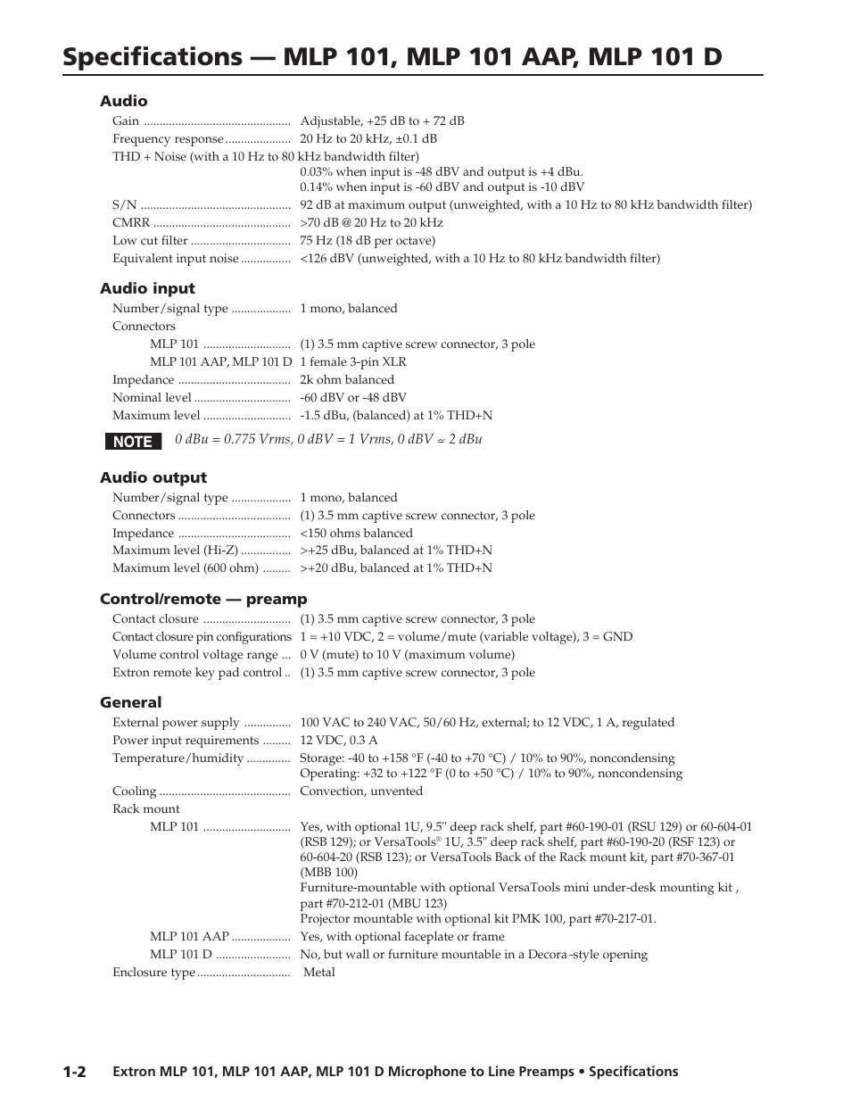 Extron electronic MLP 101 D User Manual | 2 pages