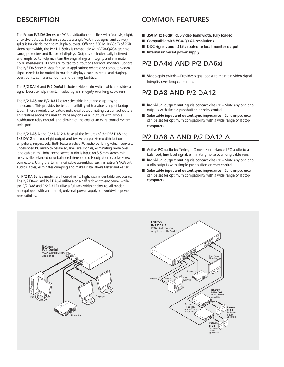 Common features description, P/2 da4xi and p/2 da6xi | Extron electronic P/2 DA Series User Manual | Page 2 / 4