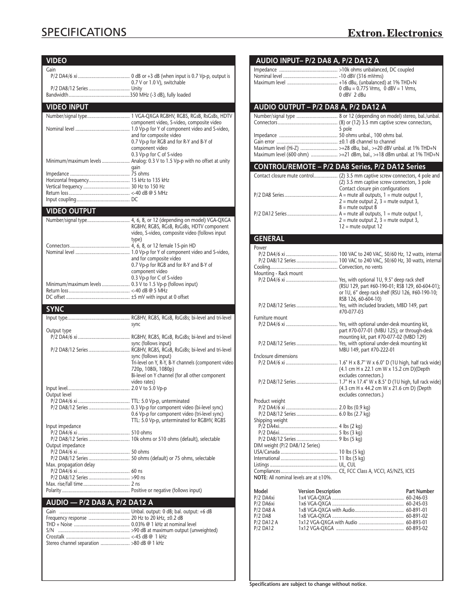 Specifications, Video, Video input | Video output, Sync, General | Extron electronic P/2 DA Series User Manual | Page 3 / 4