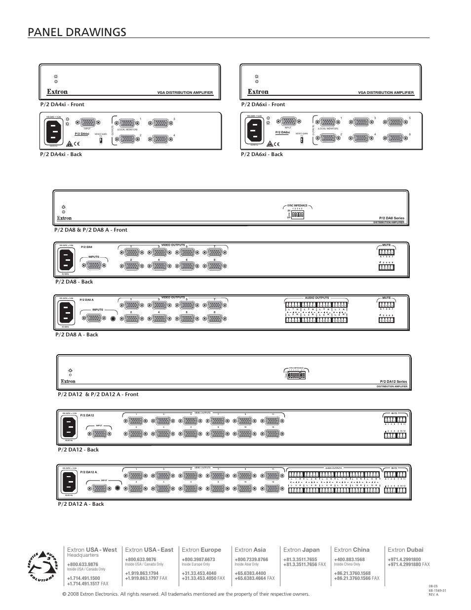 Panel drawings, Extron usa - west, Extron usa - east | Extron europe, Extron asia, Extron japan, Extron china, Extron dubai | Extron electronic P/2 DA Series User Manual | Page 4 / 4
