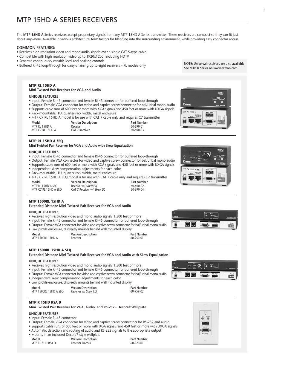 Mtp 15hd a series receivers | Extron electronic MTP T 15HD A D User Manual | Page 4 / 6