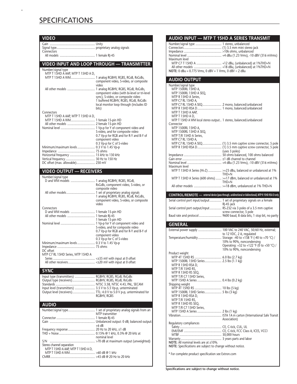 Specifications, Video, Video input and loop through — transmitter | Video output — receivers, Sync, Audio, Audio input — mtp t 15hd a series transmit, Audio output, General | Extron electronic MTP T 15HD A D User Manual | Page 5 / 6