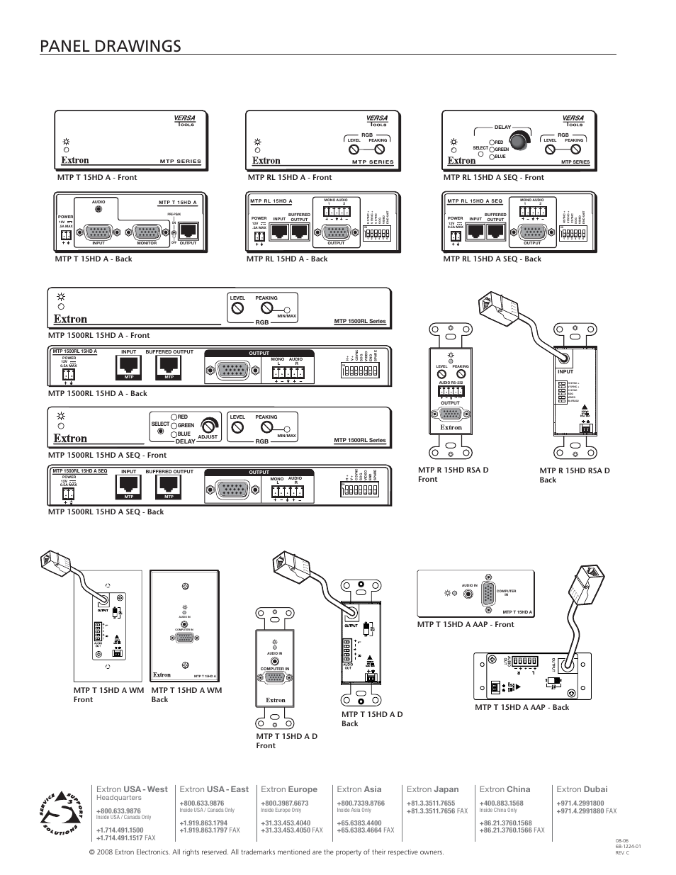 Panel drawings, Extron usa - west, Extron usa - east | Extron europe, Extron asia, Extron japan, Extron china, Extron dubai | Extron electronic MTP T 15HD A D User Manual | Page 6 / 6